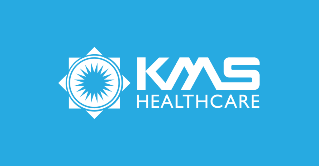 KMS Healthcare logo on blue background 