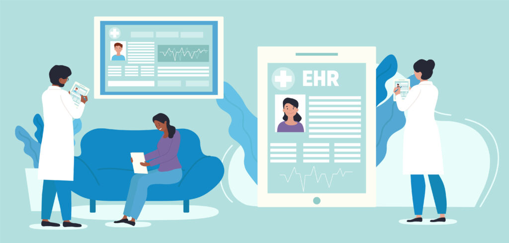 Cartoon EHR or electronic health record concept. Doctor using digital smart device to read patients data online. 
