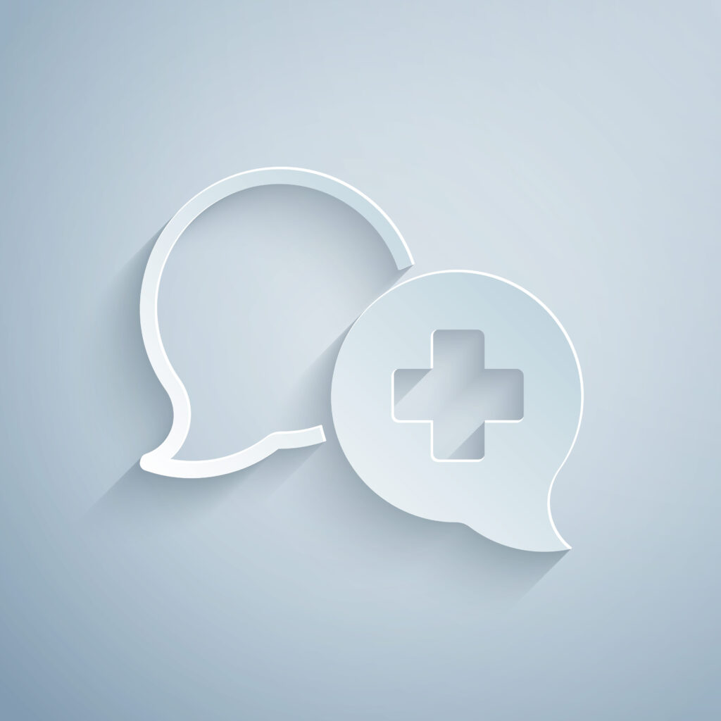 Paper cut Dialogue with the doctor icon isolated on grey background. Doctor and patient dialog. Consulting about medical health services. 