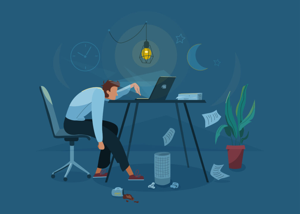 Burnout concept vector background. Tired man sitting on an office chair and trying work at the computer. Nighttime. Business flat cartoon illustration.